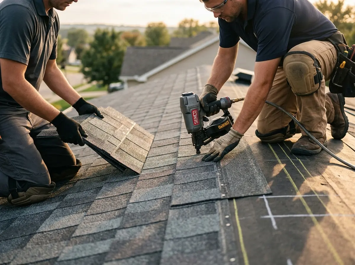 Professional roofer working on a residential roof in Florence